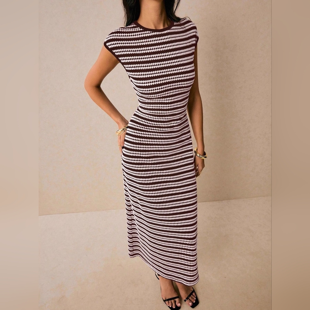 Wine Striped Knit Midi Dress